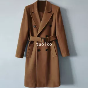 British Mens Double Breasted Knee Length Long Trench Coat Wool Blend Overcoat XL - Picture 1 of 15