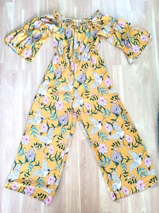 Flying Tomato Yellow Floral Bird Print Wide Leg Off Shoulder Jumpsuit Medium M - Picture 1 of 13