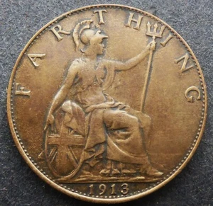 BRITISH 1913 FARTHING GEORGE V 112 YEARS OLD! FREE SHIP WORLDWIDE - Imagen 1 de 2