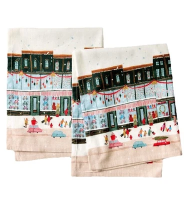 WEST ELM NICOLE CICAK  HOLIDAYS Shoppers TEA TOWELS SET OF 2 MULTI NEW Foto 1 de 4