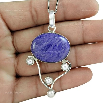 Natale Regalo Naturale Charoite Artigianale Ciondolo Gioielli Vero 925 Argento - Immagine 1 di 4
