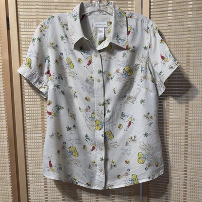 Camisa Blusa Liz Claiborne Verano Playa Novedad Estampado Talla M Abotonada 100% Seda Foto 1 de 4