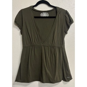 VTG Polo Jeans Women’s Sz S Hooded T-shirt Babydoll V-neck Olive Granolagirl Y2K - Picture 1 of 9
