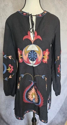 Zara Women’s Black Boho Embroidered Tunic Dress Long Sleeve Beaded Tassel Sz S - Image 1 of 4