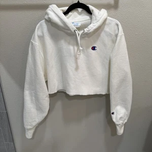 Champion Cropped Cut Off Hoodie Women's Reverse Weave Oversized White Medium  - Picture 1 of 8