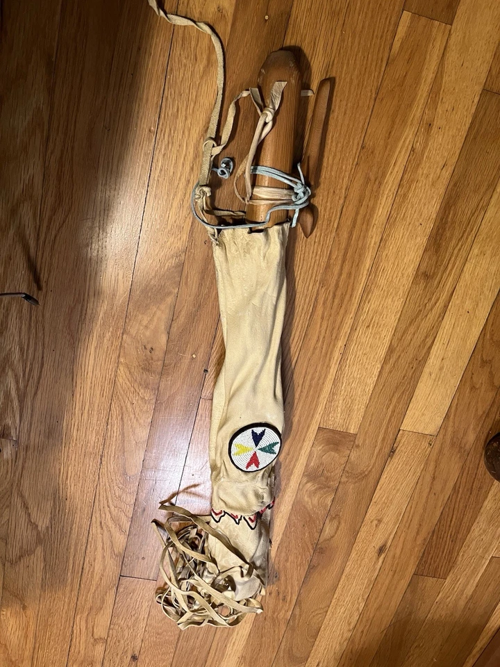 Native American Vintage Handcrafted Wooden flute With A Beaded Leather Pouch 25” - Image 1 of 4