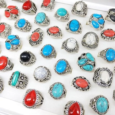 50pcs Wholesale Men's Jewelry  Bulk Lots Mixed Fashion Turquoise Alloy Rings - Image 1 of 4