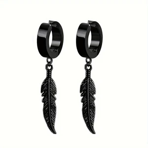 2 Pc Stainless Steel Hoop Earrings Feather Clip Non Piercing Modern Men Jewelry - Picture 1 of 17