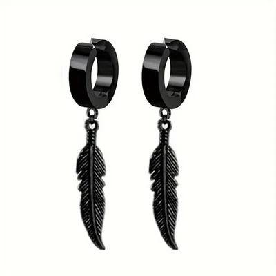 2 Pc Stainless Steel Hoop Earrings Feather Clip Non Piercing Modern Men Jewelry - Image 1 of 4
