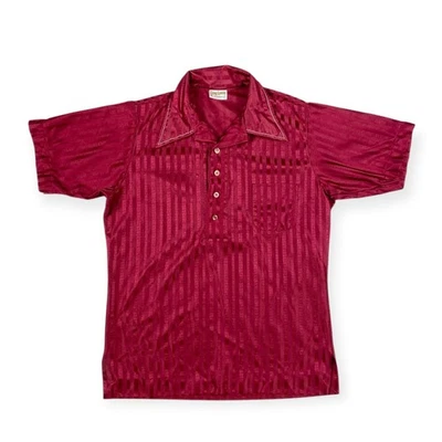 King Louie Men's VTG Burgundy Shiny Striped Satin Bowling Polo Shirt M - Image 1 of 4