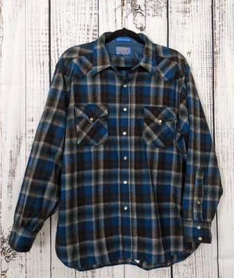 VTG Pendleton Virgin Wool Pearl Snap Board Shirt, Blue Plaid, XL USA Made  - Image 1 of 4