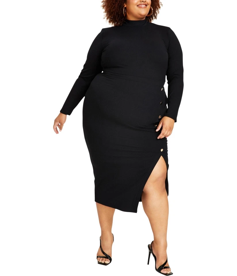 Nina Parker Dress Womens Plus 2X Black Ribbed Knit Side Split Long Sleeve Midi