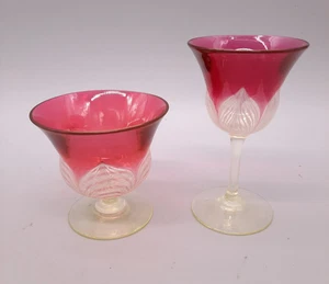 Antique Durand Pulled Feather Art Glass Stems Wine Glass & Sherbet Ruby Fuschia - Picture 1 of 20