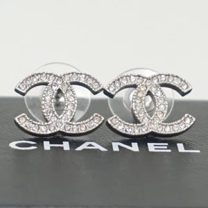 CHANEL CC Logos Rhinestone Stud Earrings Silver Tone A14V Auth w/Box #9940 - Picture 1 of 6