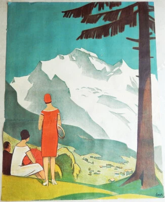 PÓSTER LITOGRAFÍA COLOR ORIGINAL FIRMADO AÑOS 20 OTTO SERIOUS TRAVELLERS TENNIS  Foto 1 de 4