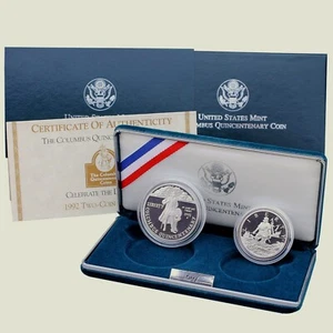 (1) 1992 Columbus $1 Silver Dollar & Clad Half Commem Proof 2 Coin Set w/Box&COA - Picture 1 of 6
