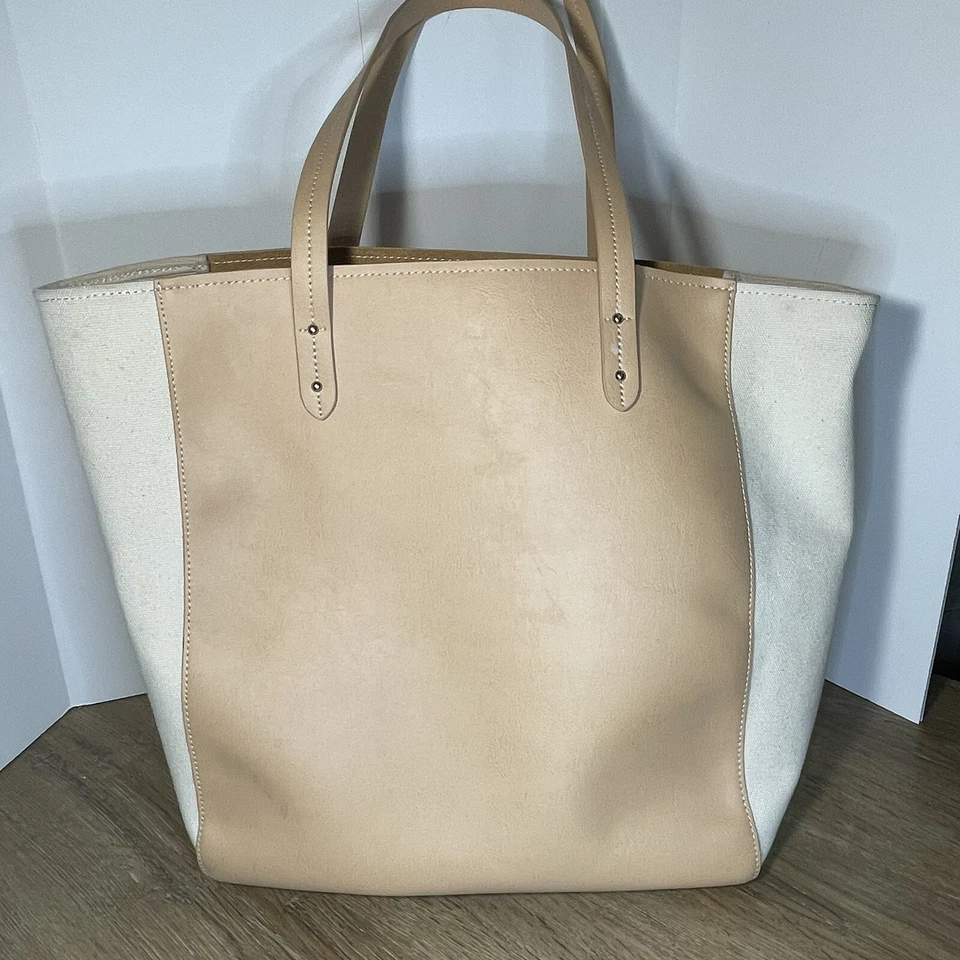 GAP 2018 Work Tote White Canvas Tan Leather With Handles Extra Wallet Purse - Image 1 of 4