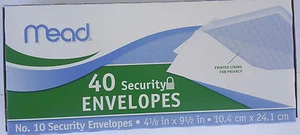 SECURITY BUSINESS ENVELOPES #10  4 1/8" x 9 1/2" White 40 Envelopes/Box MEAD - Picture 1 of 2