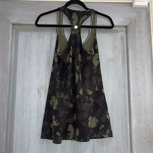 LULULEMON Dark Olive Green Butterfly Print Racerback Scoop Neck Tank sz 8? - Picture 1 of 7