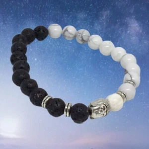 Schwarz Lavastein & Marmor Buddha Kopf Armband Buddhis Hippie Boho Geschenk J120 - Bild 1 von 5