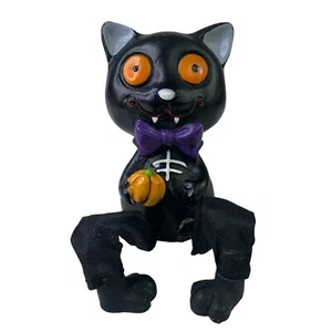 Halloween Village Black Cat Shelf Sitter Resin & Plush Dangling Legs EUC VINTAGE - Picture 1 of 8