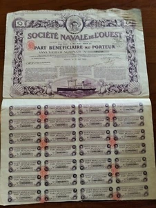 1923 CERTIFICATO AZIONARIO SOCIETE' NAVALE DE L'OUEST PARIGI - Picture 1 of 1