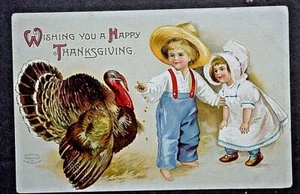 Thaksgiving Greeting "Boy & Girl Feeds Turkey" by Internat'lArt & Co Ships Free - Picture 1 of 2