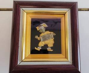 ASIAN FRAMED ART CONGO MAN DRESSED IN GOLD WITH SILVER BONGO 6.25 BY 5.75 INCHES - Picture 1 of 9