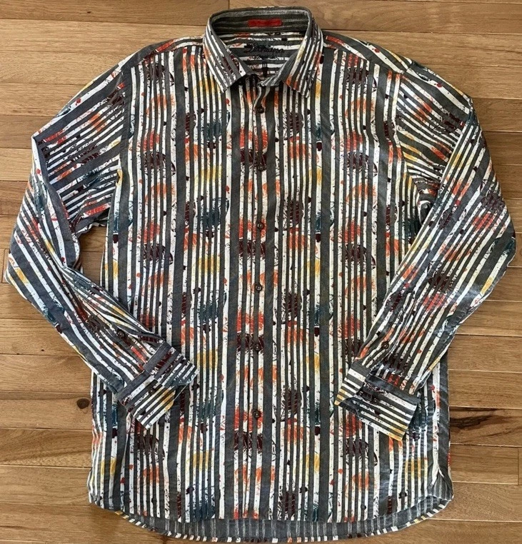 EXCELENTE Camisa Grande Luchiano Visconti Gris Colorido Rayas Hoja Para Hombre con Botones Foto 1 de 4