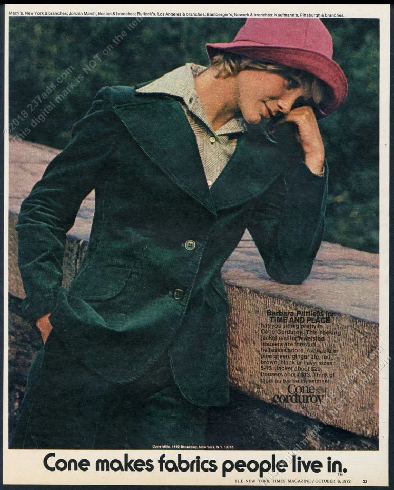 1972 Cono Verde Pana Mujer Chaqueta Pantalones Moda Foto Vintage Estampado Anuncio Foto 1 de 1