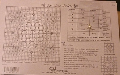 Just Nan BEE HIVE VIOLETS Counted Cross Stitch Pattern With Bee Charm - Image 1 of 2