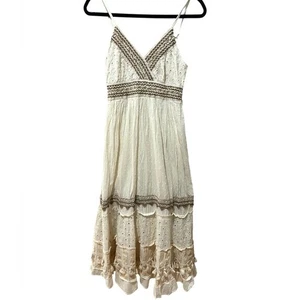 Magic Boho Cream Midi Dress Smocked Lace Tassel Sleeveless SZ S EUC - Picture 1 of 8