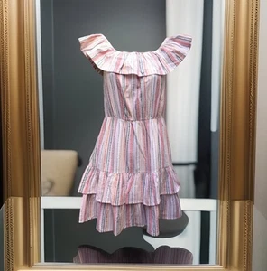 New LIPSY Size 10 Multi Rainbow Stripe Frill Bardot Tiered Hem Dress Summer - Picture 1 of 21