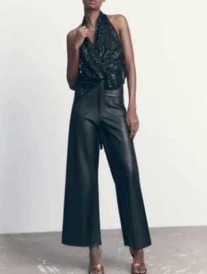 Zara Pants Faux Leather Patch Pocket Marine Straight Wide Leg Size 4 Black - Image 1 of 4
