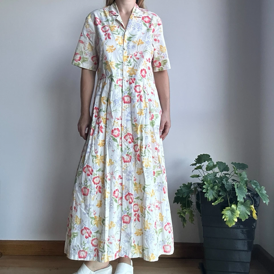 Annie Lantz Women’s Small 80s Vintage White Floral Button Down Cotton Maxi Dress - Imagem 1 de 4