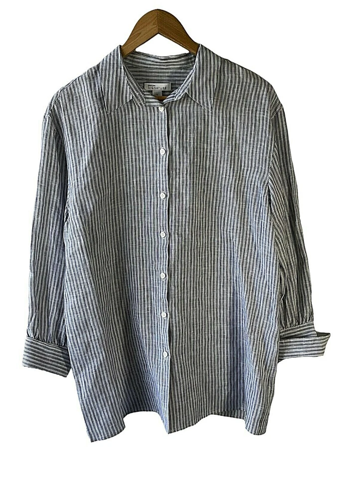 Nordstrom Signature S Oversized 100% Linen Striped Button Front and Back Top - Image 1 of 4