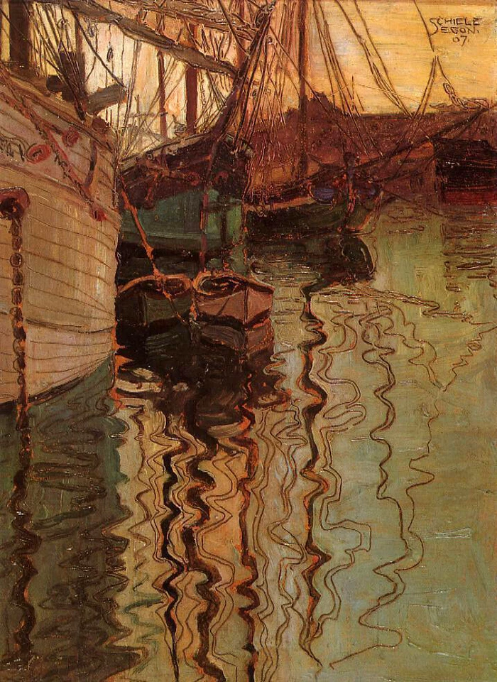 Arte de ensueño pintura al óleo paisaje marino y barco veleros puerto-de-trieste-egón-schiele Foto 1 de 1