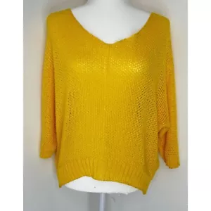 Carina Ricci Open Crochet Knit Sweater Women Small Yellow Italy Made V-Neck - Picture 1 of 10