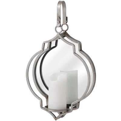 Silver Wall Mounted Sconce Candle Holder w Mirror Solid Distressed Modern 47cm - Image 1 of 2