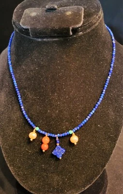 Faceted Lapis Lazuli 2mm Bead Necklace w/Carnelian, Pearl & Lapis Charms 16" - Image 1 of 4