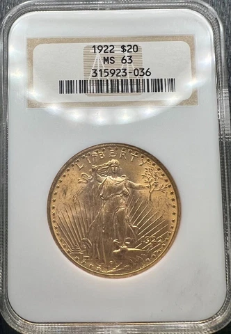 1922 $20 Saint Gaudens Gold Double Eagle NGC MS63 Old Fatty Holder Cover