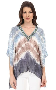 Hale Bob Blue Taupe Silk Burnout Dip Dye Beaded Dolman Top Shirt Blouse Sz S NWT - Picture 1 of 5