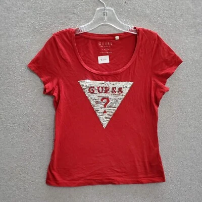 Camiseta Guess Girl Grande Roja Logo Signo de Interrogación Lentejuelas Manga Corta Foto 1 de 4