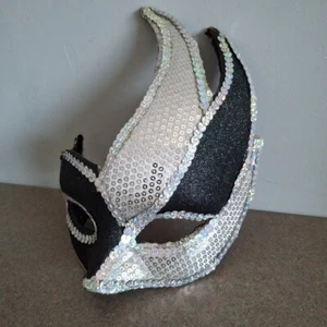 Halloween Costume Mardi Gras Mask Black Silver Sequined Venetian Masquerade - Picture 1 of 6