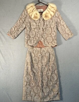 Vintage Engel Fetzer Jacket Skirt Set Fur Neck Trim Floral Ribbon On Fish Net - Image 1 of 4