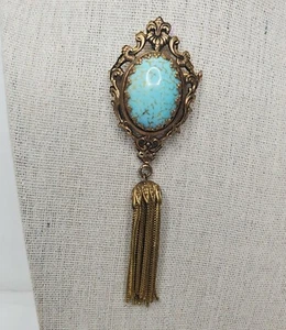 Vtg Victorian Revival Brooch Pendant Tassel Gold Tone Turquoise Trombone Clasp - Picture 1 of 12