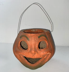 Vintage 5.5” Pulp Paper Mache Halloween Smiling Pumpkin Jack-O-Lantern w/ Handle - Picture 1 of 11