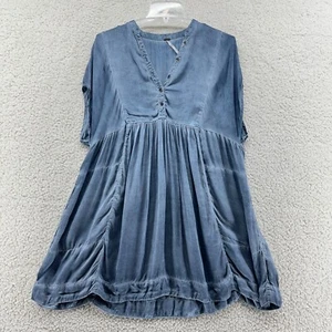 Free People XS Stonewashed Blue Rag Dress Oversized Pockets Vneck Boho Tunic - Picture 1 of 13