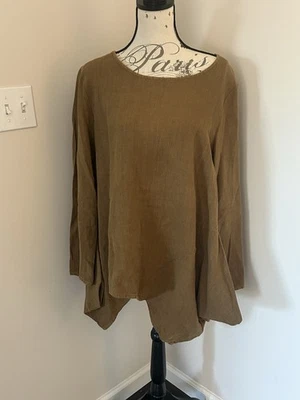 Túnica Bryn Walker XL 100% linho marrom assimétrica Lagenlook arte para usar EUA - Imagem 1 de 4