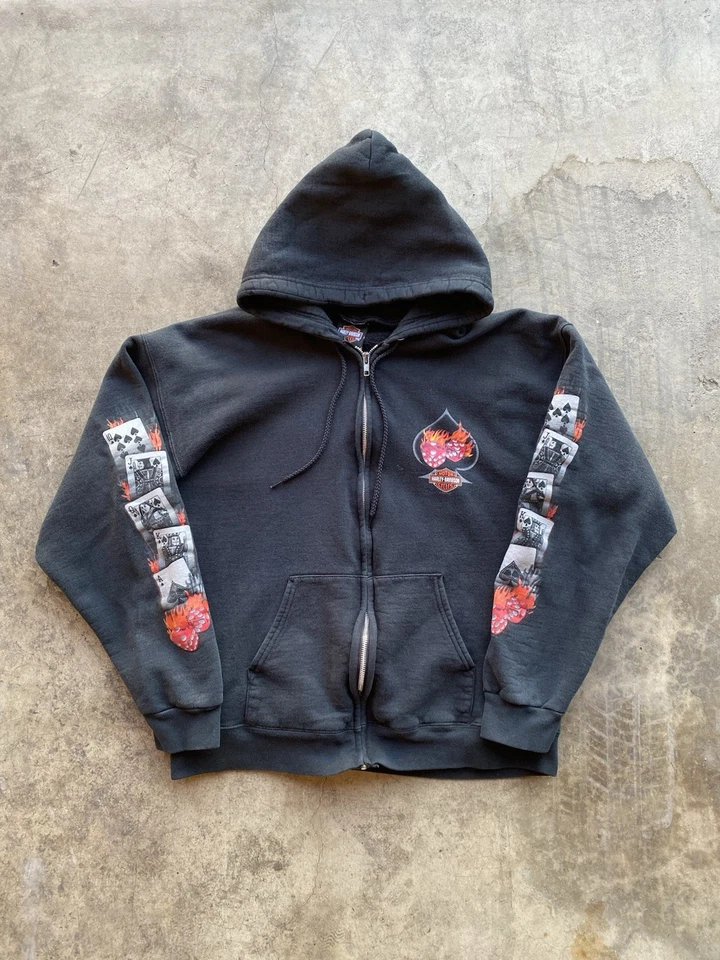 VTG Harley Davidson Flame Dice Hoodie Las Vegas Size M Flame Sleeve RARE - Image 1 of 4